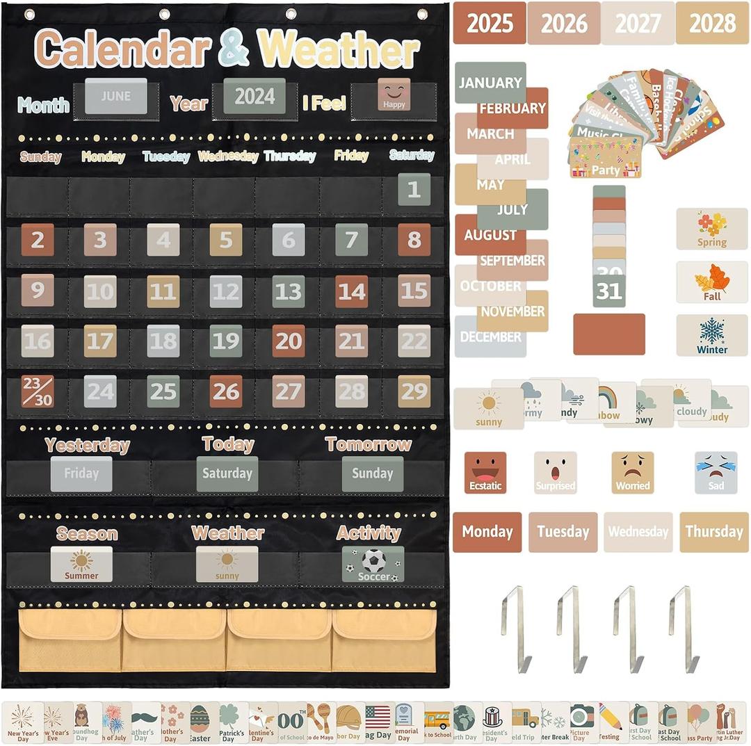 Fancy Land Boho Calendar and Weather Pocket Chart for Kids with 148 Cards Classroom Calendar Pocket Chart School Homeschool Calendar Classroom Supplies Large 44.5" x 28.3"