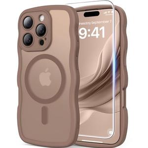 3 in 1 Magnetic for iPhone 16 Pro Max Case, 1X Screen Protector+1X Wrist Strap, Cute Wavy [Full Camera Protection][Fit for MagSafe], Trendy Matte Women Girls Case for iPhone 16 Pro Max 6.9", Brown