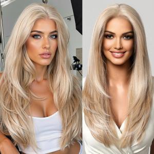 13×6 Lace Front Wig Long Blonde Wavy Wigs for White Women Middle Part Body Wave Synthetic Heat Resistant Fiber Wig for Daily Use 26 IN