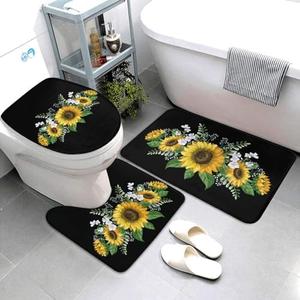 Jbofyee Sunflowers Wild Flowers 3 Piece Bathroom Rugs Set, Bath Mat + Contour Mat + Toilet Seat Cover, Non-Slip Soft Microfiber Bathmat for Tub Shower Room Decor, Machine Washable