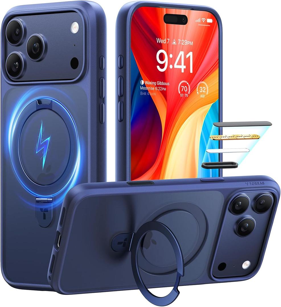 TORRAS Ostand for iPhone 17 Pro Case Magnetic, Fit for MagSafe, 4X Military Drop Protection, Camera Control, Slim Phone Case for iPhone 17 Pro with Kickstand, Translucent Matte Cover 6.3", Deep Blue