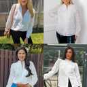 ZESICA Women's Casual Blouse Tops Puff Long Sleeve Button V Neck Hollow Out Eyelet Lace Embroidered Shirt Dressy (White, S)