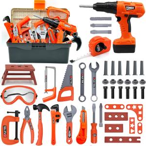 Kids Tool Set  48 Piece Toddler Tool Set with Electronic Toy Drill& Tool Box,Pretend Play Kids Toys,Construction Kits Toys for Kids Ages 3 4 5 Years Old, Toddler Boy (Orange)