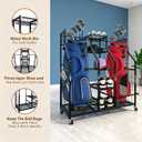 Golf Bag Storage Organizer Stand with Wheels - Heavy Duty Steel Rack Holds 2 Golf Bags with Central Storage Shelf for Golf Balls, Shoes & Accessories, Space Saving Garage Golf Club Equipment Holder