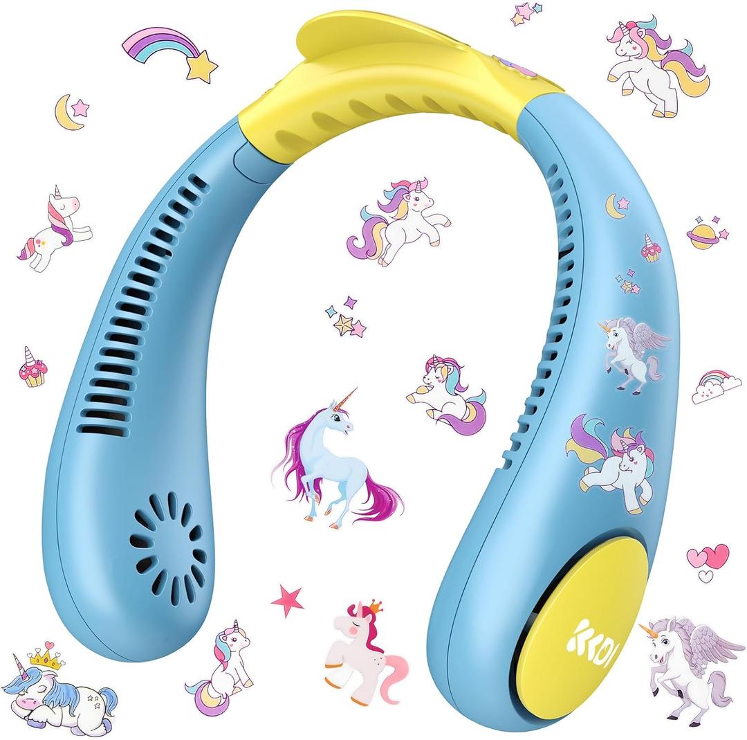 Kids Neck Fan, Portable Bladeless Neck Fan for Kids, 2600mAh Rechargeable Cooling Fan for 4-14Y Girls Boys with Unicorn Stickers, 4 Speeds & Lightweight Wearable Quiet Fan for Study/Camping/Travel (Sky Blue)