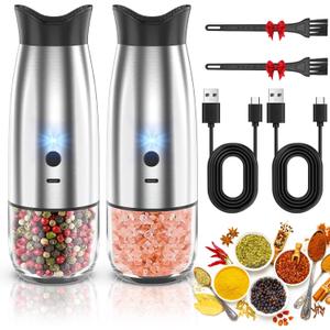 Gravity Electric Salt and Pepper Grinder Set, USB Rechargeable, No Battery Needed, Adjustable Coarseness, Automatic Mill Grinder with Warm LED Light, One Hand Operated for Kitchen, Restaurant, Outdoor