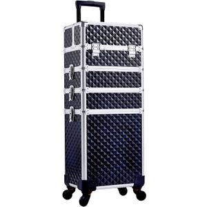 Professional Rolling Makeup Train Case Aluminum Trolley Case with 360° Rotation Wheels for Makuep Artist Cosmetic Suitcase Organizer with Lock and Key Diamond Pattern - Turquoise