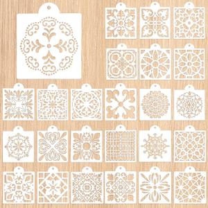 25 Pcs Scroll Tile Cookie Stencils, Royal Icing Cookie Cake Stencils Reusable Pattern, Chinoiserie Tiles Airbrush Painting Stencil, Craft Painting Stencil for Coffee Cake Dessert