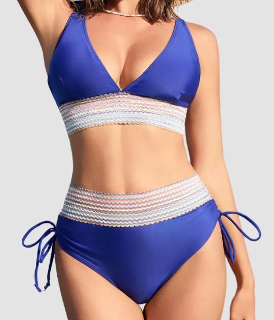 High Waisted Tummy Control Color Block Bikini (XL, Blue)