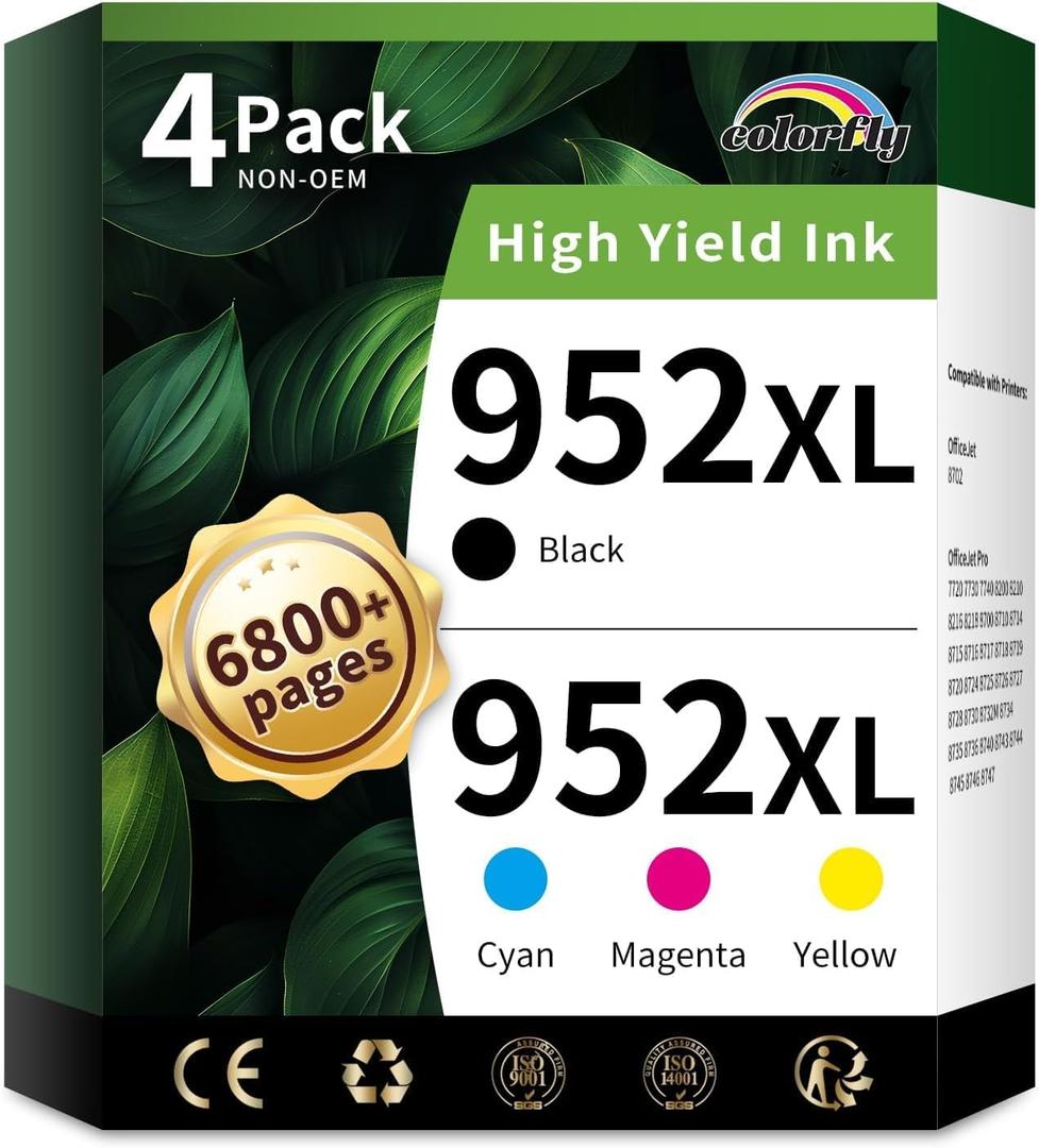 colorfly 952XL Ink Cartridges Combo Pack Replacement for HP 952 XL Ink Cartridges to Use with HP Officejet Pro 8710 7740 8720 8702 8210 7720 8715 8730 8740 8216(1BK/1C/1M/1Y, 4 Pack)