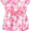 Baby Girls Clothes Infant Print Ruffle Romper Bodysuit with Bow 6-12 Months (Dinosaur Pink)
