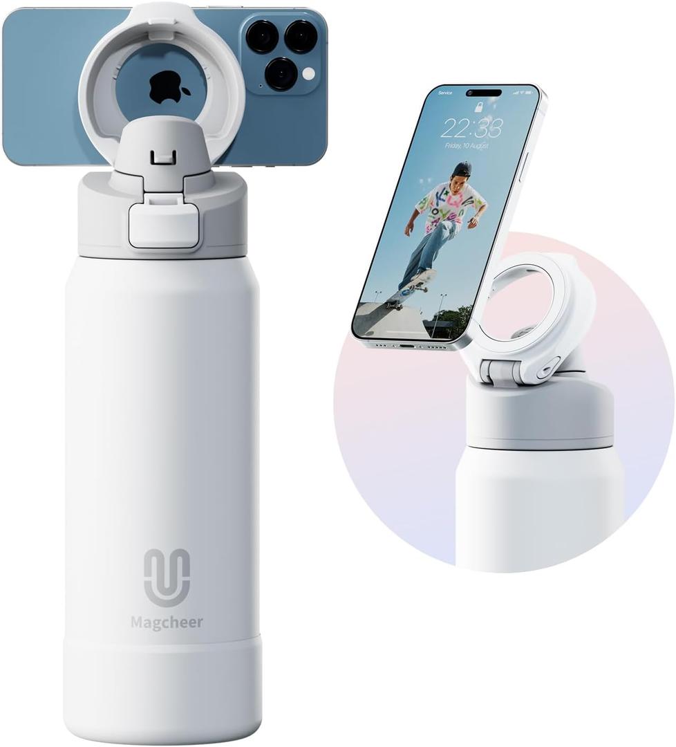 Magcheer Insulated Magnetic Water Bottle - Reusable Stainless Steel Bottle with MagSafe Compatible Phone Holder - Keeps Cold for 24 Hours - Perfect for Gym, Sports, and Travel - White 32oz