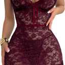 Sexy Sheer Mini Bodycon Babydoll Lace Lingerie Set Sleep Dress with Thong 2 Piece Outfits (Medium, Burgundy Red)