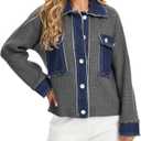 KEOMUD Women's Fall Button Down Knit Cardigan Sweater Casual Cropped Shacket Jacket with Denim Lapel Pockets Cuff (S)