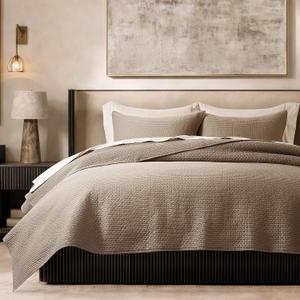 EVERGRACE Cotton Sateen Pick-Stitch Quilt Set King Size 100% Cotton Lightweight Coverlet Bedding, Pre-Washed Oversized Bedspread, Breathable All-Season Quilt Set with 2 Shams, Stone Taupe