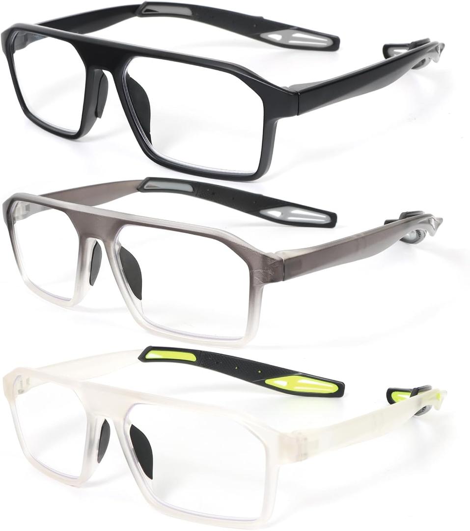 REAVEE 3 Pack Sport Reading Glasses for Men Women, Lightweight Blue Light Blocking Readers with Detachable Temples (Black/Grey/Clear 1.5)