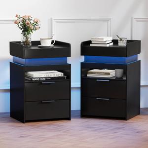 Black Nightstand Set of 2 with Charging Station, Hidden Sliding Top Compartment with USB-C, 2 USB Ports & 2 Outlets, Modern Night Stand with Drawers for Bedroom, 2 Drawer-Inside Charging