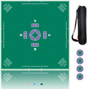 Qintan Mahjong Mat and Coasters Set, 32 x 32 Inch Anti Slip Table Cloth with Ancient Coin Pattern, Noise Reduction Surface for Poker, Bridge and Board Games, Includes Storage Bag - Green