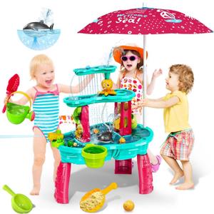 VATOS Sand Water Table Toys for Toddlers Kids - with Water Pumb & Umbrella 3-Tier Kids Splash Table, Water Play Toys for Outside Outdoor Backyard, Toddler Sand Sensory Table for Boys Girls