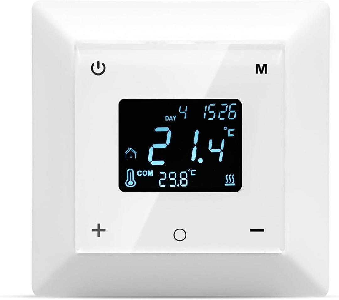 Touchscreen Programmable Thermostat for Electric Floor Heating System, 7-day Timing Settings Backlight LCD Display Safety Lock Automatic Calibration Low Temperature Protection NTC Floor & Air Sensing