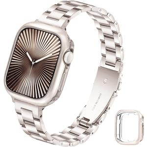 Slim Metal Band for Apple Watch Bands for Women 45mm 44mm 42mm(S3) iWatch Bands with Protective Case, Stainless Steel Thin Dressy Strap for Apple Watch Band Series 9 8 SE 7 6 5 4 3-Starlight