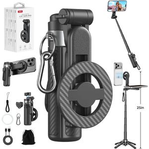 Upgrated 5-in-1 Magnetic Selfie Stick with Remote for Cell Phone 360° Rotation.Can Transforms into Mini Tripod/Camera Grip/Handheld Stabilizer/Phone Stand.Extend to 25 inches