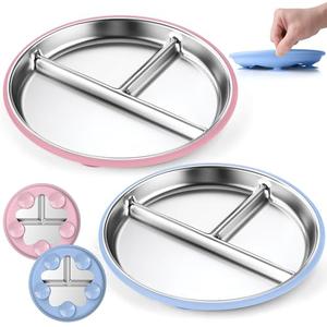 OVV Stainless Steel Kids Plates (2 Pack) 9 Inch Toddler Divided Plates with ﻿Removable Silicone Sleeves & 5 Suction Cups Baby Self Feeding | Mess-Free Mealtime | Dishwasher Safe
