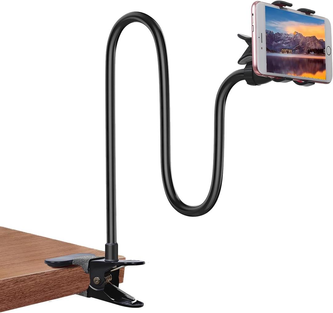 Gooseneck Bed Phone Holder, Flexible Long Arm Clip On Phone Holder for Bed, Desk, Headboard, Bedside, 360 Adjustable Cell Phone Clamp Mount Stand, All 4-7" Cellphone