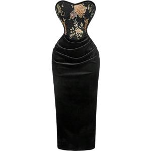 Milumia Women's Vintage Floral Tube Maxi Dress Strapless Ruched Bodycon Wedding Guest Party Dresses (Large, Black)