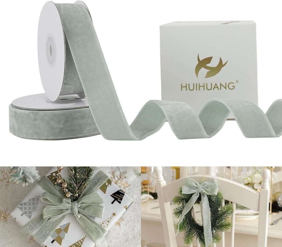 HUIHUANG Silver Velvet Ribbon 1 inch Double Face Thick Velvet Ribbons for Gift Wrapping, Christmas Tree Ornaments, Wreath Decor, Bows, Crafts, Wedding Decor- 10 Yards
