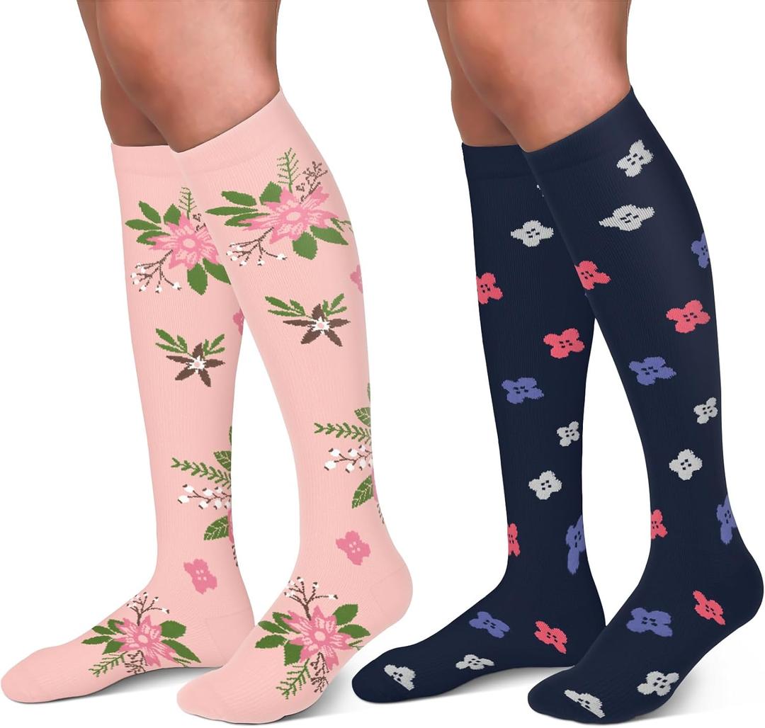 30-40mmHg Medical Graduated Compression Socks for Women&Men Circulation-Compression Stockings-Knee High Socks for Support,Hiking,Running (Small-Medium, 7-2 Pack Flowers Navy,Pink)