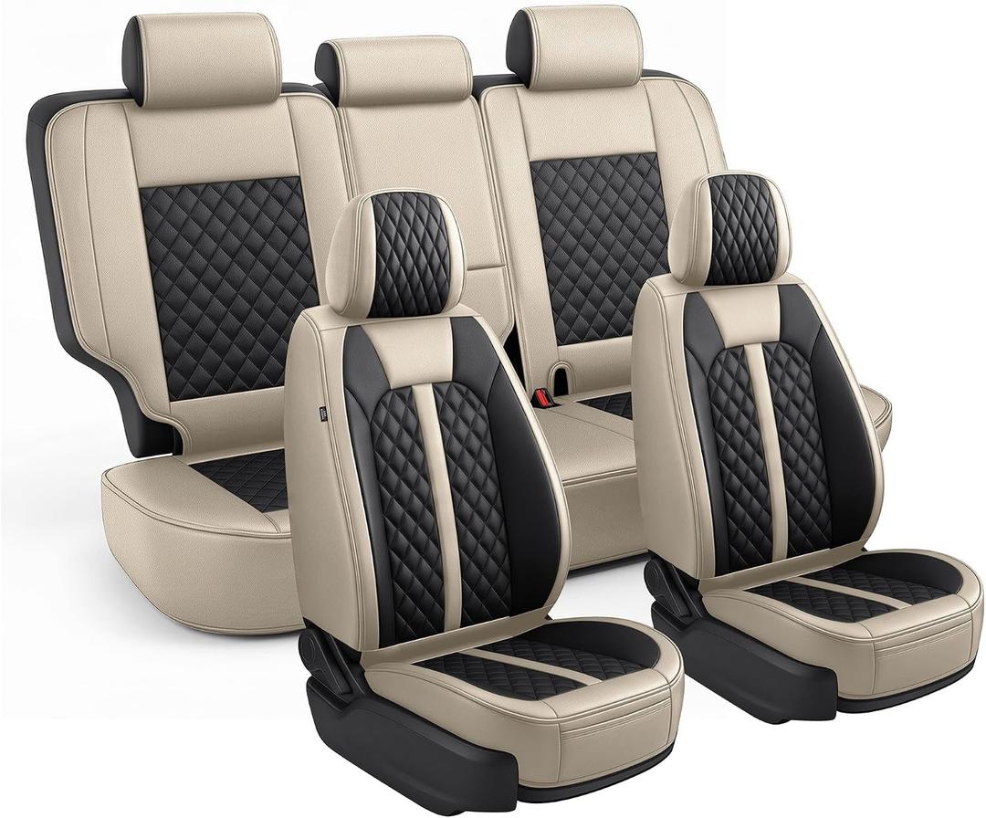 IKABEVEM Custom for Honda CR-V Car Seat Covers Full Set 2023 2024 2025 2026 2027 LX;EX;EX-L;Sport;Touring;Special Edition & Hybrid Model Luxury Faux Leather Seat Protector(Black&Beige)