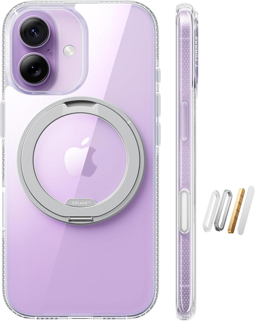 TORRAS 360 Magnetic Stand for iPhone 17 Case, [Rotatable Sturdy Kickstand][Fit for MagSafe][4X Mil-Grade Shockproof] Slim Transparent Phone Cover, Camera Button, Crystal Clear, Ostand O3 Fitness