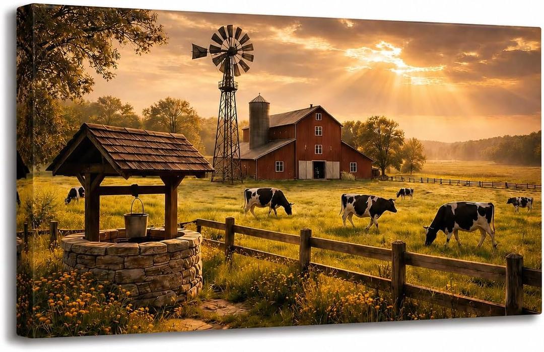Fochorlo Farmhouse Barn Wall Art 20x36 Inch, Rustic Country Farm Landscape Canvas Print with Windmill and Cows, Vintage Rural Wall Decor for Living Room Kitchen