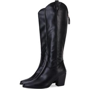 Women Cowboy Knee High Boots Chunky Block Heel Square Toe Tall Riding Boots (Black)