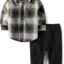 The Children's Place, Baby Boys, And Newborn Long Sleeve Dress Shirt and Pants 2-piece Set, Black Plaid Set, 12-18 Months
