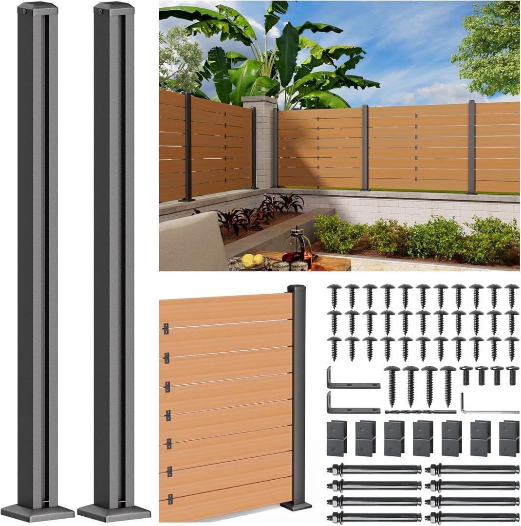 201 Stainless Steel 4FT Privacy Screen Outdoor Fence Post for Wood Slats, Concrete Install Wooden Privacy Fence Panel PostEnd Post Matte Black 2Pack