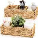 2 Pack 3-Section Woven Baskets, Water Hyacinth Storage Bin, Handwoven Desk Organizer, Toilet Paper Container, Rectangle Holder for Counter Top Toilet Tank Shelves Coffee Bar Pantry