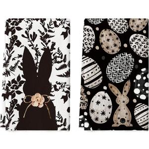 Artoid Mode Black Bunny Eggs Flower Easter Kitchen Towels Dish Towels, 18x26 Inch Spring Farmhouse Leaves Decoration Hand Towels Set of 2