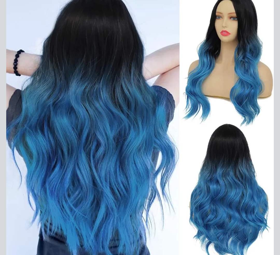 Long Curly Ombre Blue Wavy Wigs for Women Synthetic Hair Wigs Dark Roots Hair Cosplay Halloween Party Daily for Women Full Wig (Blue)
