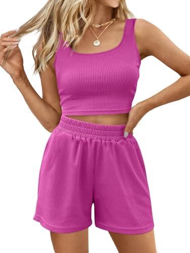 Trendy Queen Two Piece Summer Outfits 2 Piece Sets 2025 Sleeveless Matching Lounge Crop Top High Waisted Short, Medium