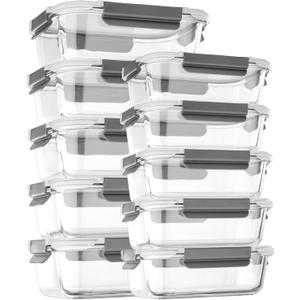 [10 pack Glass Meal Prep Containers with Lids, Glass Food Storage Containers with Snap Locking Lids for Food, Bpa-free, Easy to Open& Close/Microwave,Oven,Freezer,Dishwasher Safe/Leak-Proof (Gray)