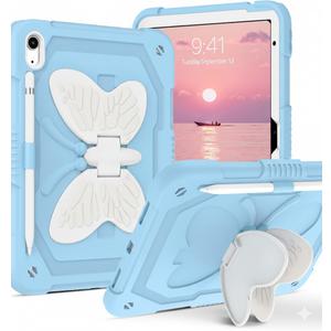 DUEDUE for iPad(A16) 11th Generation 11 Inch 2025 Case, iPad 10th Generation 10.9 inch 2022 Case, Butterfly Wings Kickstand Heavy Duty Shockproof Protective Tablet Cases for Kids, Beige/Blue