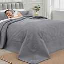 ENJOHOS 138x122 Extra Wide Oversized King Quilts Grey - California King Bedspread, Reversible Summer Soft Microfiber Bed Coverlet Super King Bedding (1 Cal King Quilt, 2 Pillow Shams) (Damask Pattern Dark Grey)