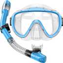 Snorkel Set Adults Snorkeling Gear Anti-Fog Panoramic View Swim Mask Dry Top Snorkel Kit with Carry Bag for Snorkeling Scuba Diving Swimming Travel (Light Blue+Transparent)