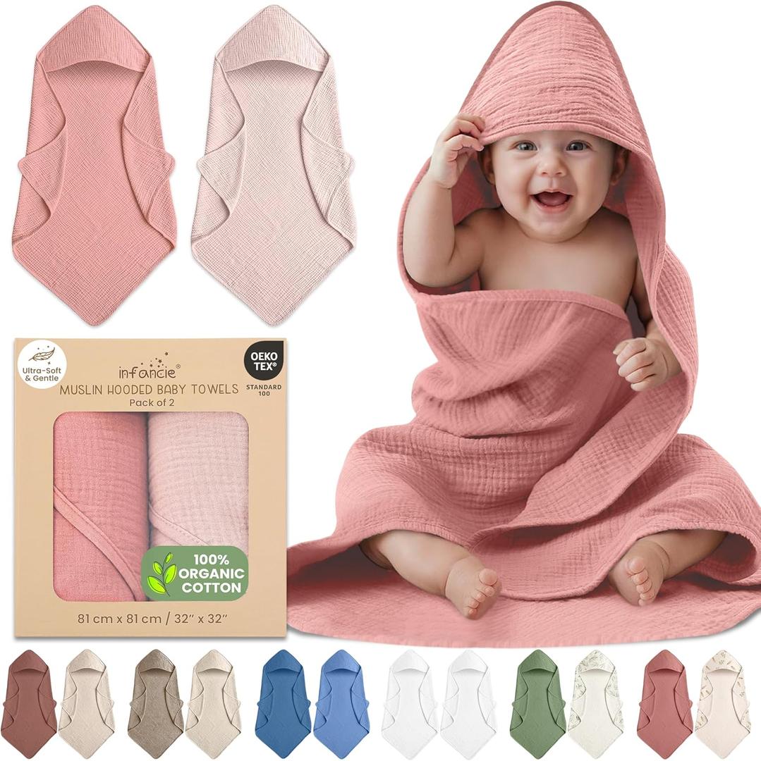 100% Organic Cotton Muslin Baby Hooded Towels 32x32 Inch  2 Pack Soft & Absorbent Baby Towels for Newborn for Boys & Girls, Premium Hooded Towels, Ultra-Gentle Baby Essentials in Rose/Peach