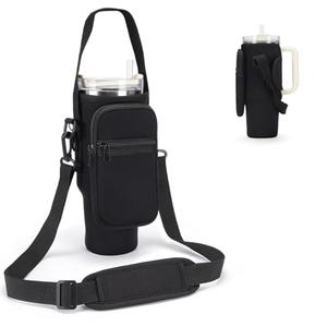 GOEWY Water Bottle Carrier Bag for Stanley 40 oz Tumbler with Phone Pocket Neoprene Water Bottle Holder with Shoulder & Handheld Strap Stanley Cup Accessories (Black)