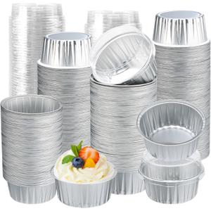 200Pcs Round Aluminum Baking Cake Pans with Clear Plastic Lids, Foil Pie Tin Tart Pans Disposable Ramekins Browni Baking Cups Dessert Cups for Wedding Birthday Party,5oz Silver