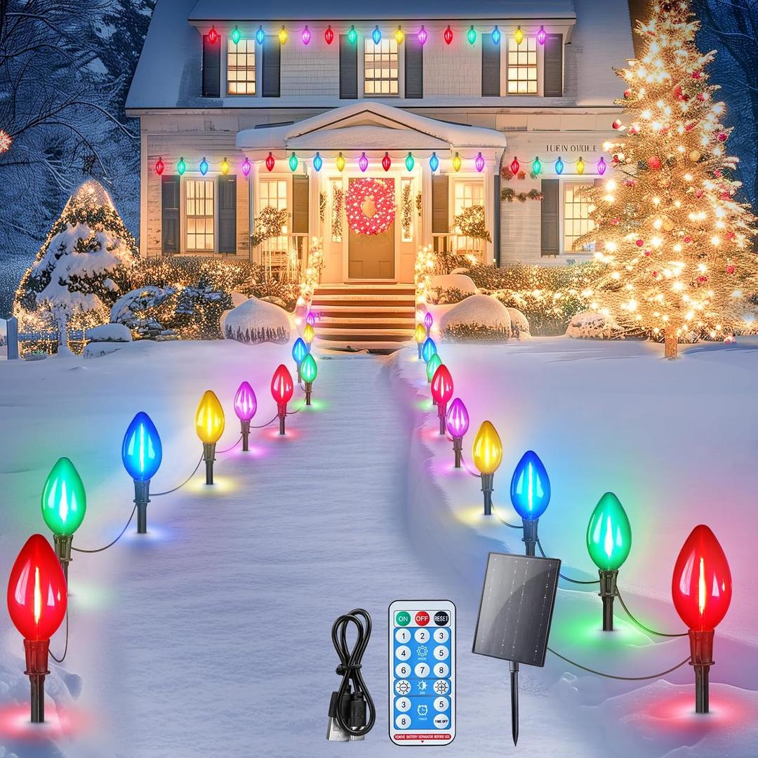 Minetom Solar Double C9 Christmas Pathway Lights Outdoor -16FT 10 LED C9 Christmas Pathway Lights with Timer,8 Modes, Solar Christma Outdoor Decorations for Lawn Walkway Outside Holiday, Multicolor