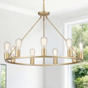 9-Light Dia 32" Gold Wagon Wheel Chandeliers for Dining Room Light Fixture | Farmhouse Chandelier for Living Room Kitchen Island Foyer, Hanging Lighting, Height Adjustable, Inclinable Installation, D32'' 9-Light